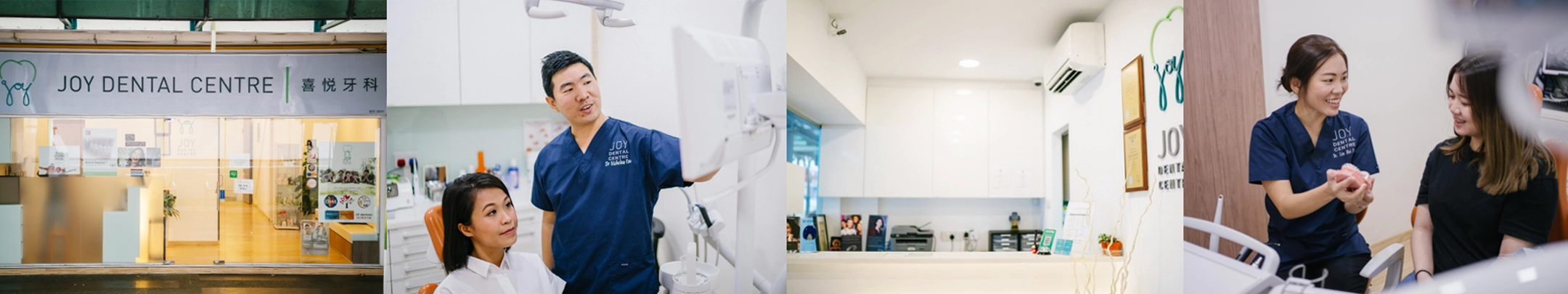 Composite image banner. Left to right: Joy Dental office outside view; dentist with patient in office; dental reception area; female dentist discusses model of teeth with patient.