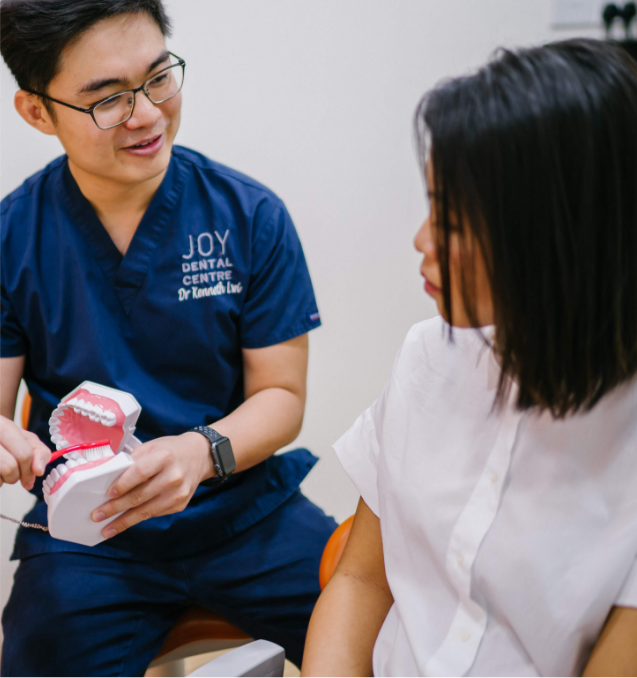 Dentist discusses with patient, holding teeth model and toothbrush.